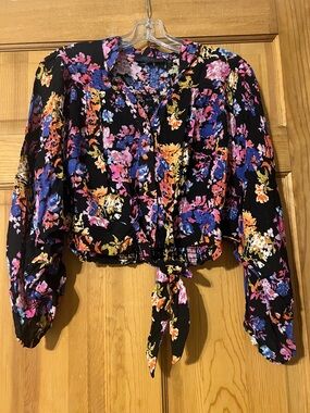 RACHEL Rachel Roy Black Floral Tie-Front Blouse